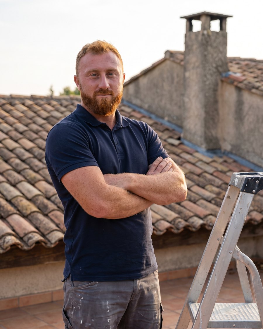 Teddy Schuler, couvreur, sur une toiture en tuiles